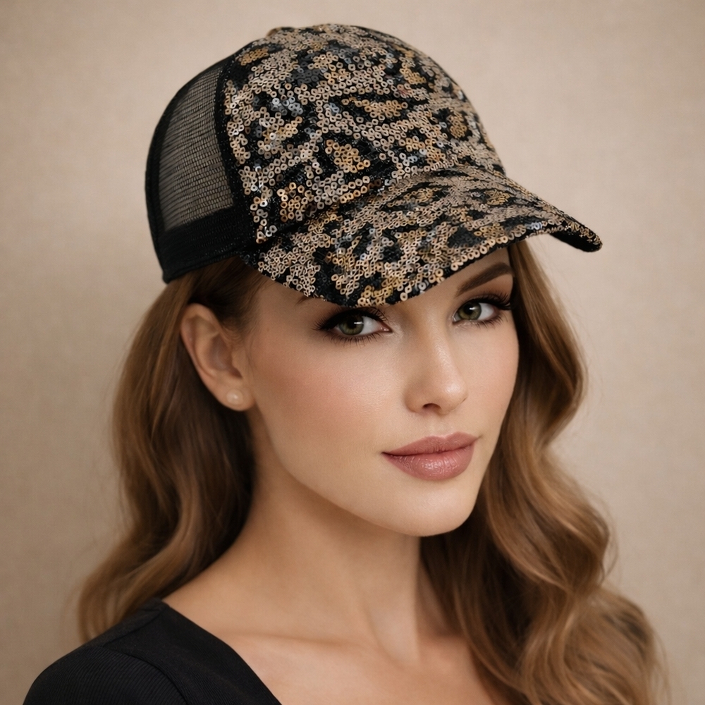 Leopard Design Sequined Adjustable Baseball / Trucker Hat - Picture 4 of 4